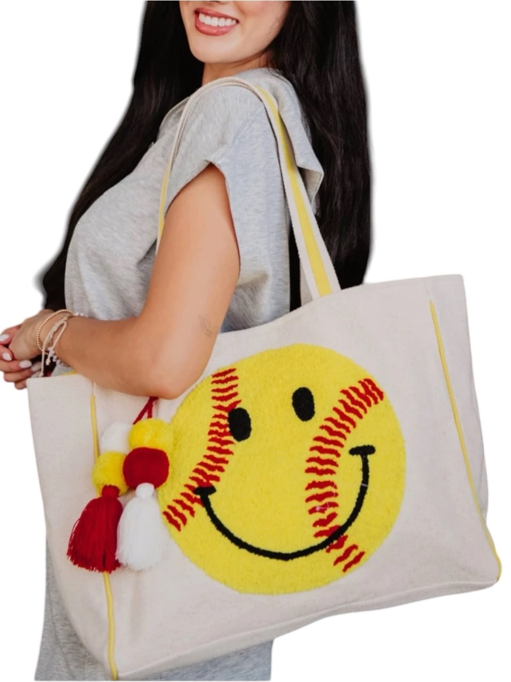NWT Katydid Softball Oversized Happy Face Canvas Tote Bag Game Day - Picture 4 of 6